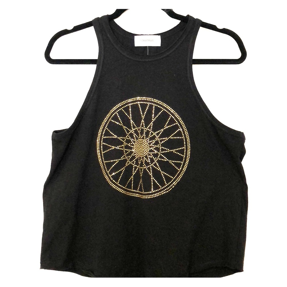 Black racerback soul cycle tank. Gold stone wheel.